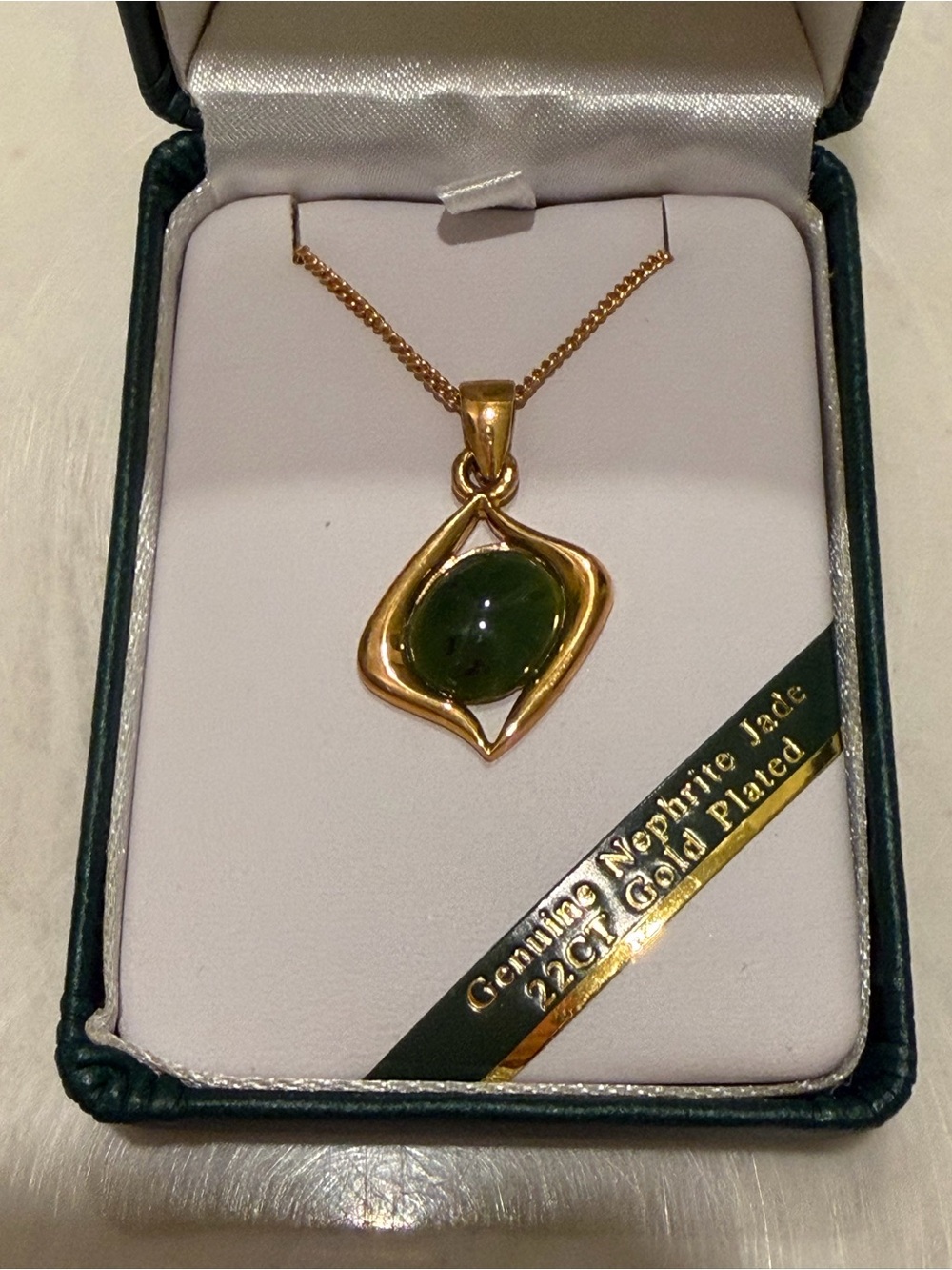22 CT Gold-Plated Necklace with Green Nephrite Jade Pendant